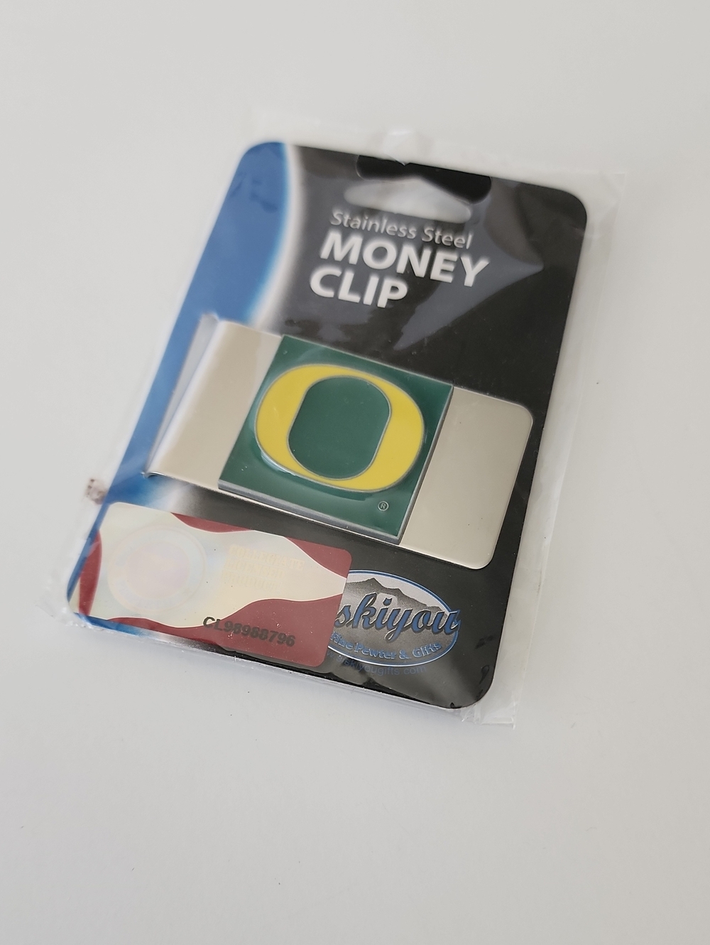Stainless Steel Money Clip with Green & Yellow Emblem - University O Style